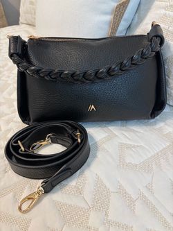 Black Leather Crossbody Bag with Braided Detail