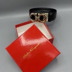 Ferragamo Belt Gold Buckle Black Leather With Box. ✅ Sizes 32-34