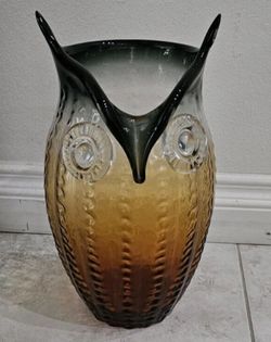 Murano Style Glass Owl Vase 14" Hand Blown Ombre Vintage