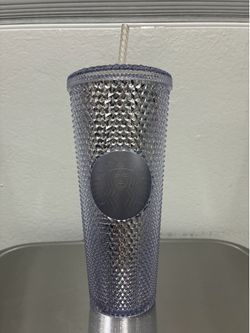 Starbucks Silver Studded Textured Cold Cup Tumbler w/ Lid & Straw Coffee Theme