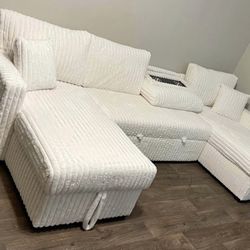 NEW IN  BOX - Beige Sectional And STORAGE And Pulled Out Bed ** Finance Available $54 down