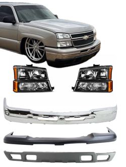 New Silverado Chrome Bumper + Upper Bumper + Lower Valance + Headlights fits 2003 to 2006