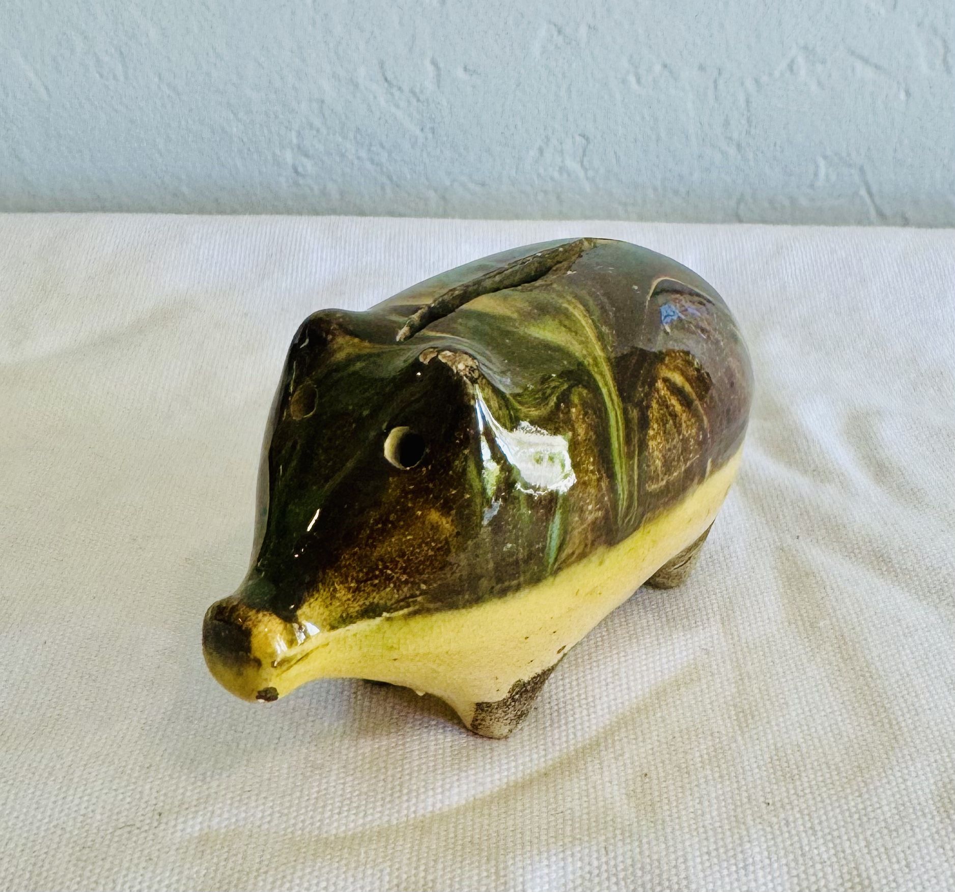 Antique Glazed Pottery Stoneware Pig Piggy Bank Hole Eyes Drip Glaze Yellow Ware