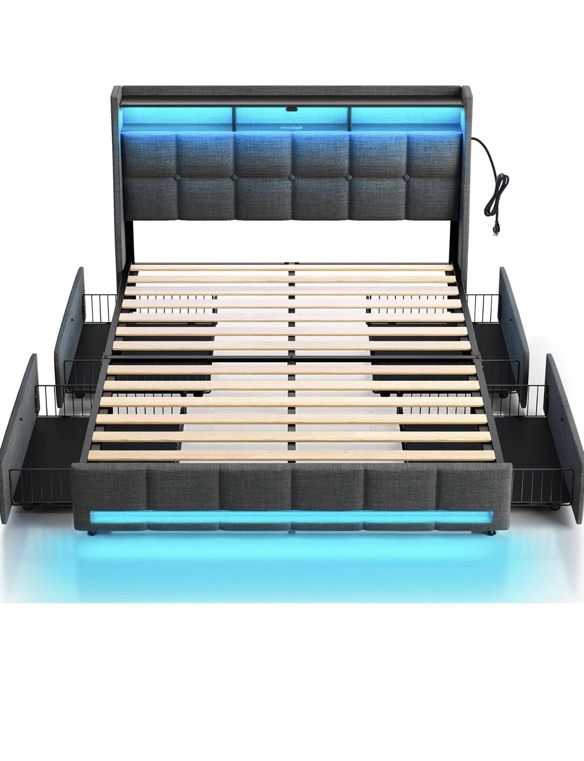 Rolanstar Full Size Bed Frame with LED Lights and Charging Station, Upholstered Bed Storage Headboard & Drawers, Heavy Duty Wood Slats, Easy Assembly,