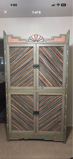 Painted Wood Armoire with Decorative Carved Detail