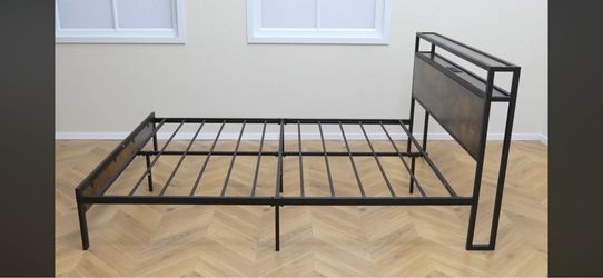King Size Bed Frame with Charging Station and LED Light, Metal Platform Bed with 2-Tier Storage Headboard, Heavy Duty Metal Slats, Noise Free, No Box 