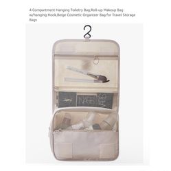 Brand new 4 Compartment Hanging Toiletry Bag,Roll-up Makeup Bag w/hanging Hook,Beige Cosmetic Organizer Bag for Travel Storage Bags  Whitestone/Flushi
