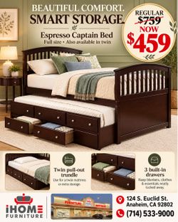 Full size captain bed with twin size trundle and 3 storage drawers  expressing color