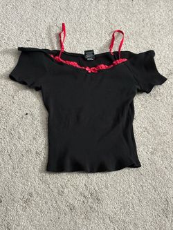 Black Ribbed Off-Shoulder Top with Red Lace