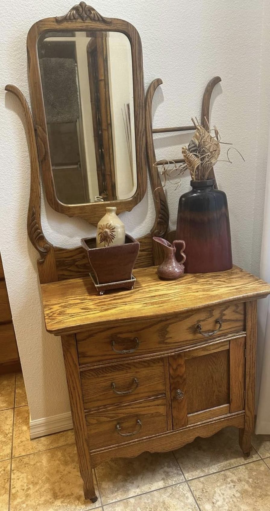 Antique Oak Washstand W/ Mirror & Towel Rack 