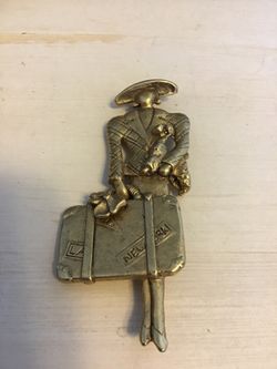 Brooch/Pin Gold Tone, Stylish Lady Traveler with Suitcase and Poodle. La/New York. Conversation Piece.