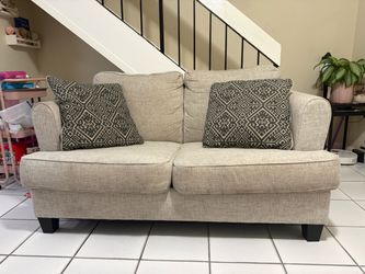 Beige Fabric Loveseat with Accent Pillows