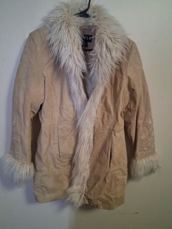 Tan Suede Coat with Faux Fur Trim Size small