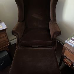 Brown velvet Ethan Allen wingback chair with Ottoman