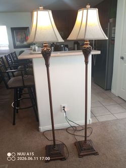 2 matching brown ornate floor lamps