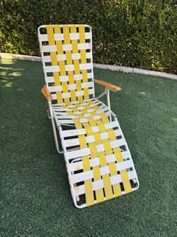 Telescope Aluminum Webbed Folding  Lawn Chair Chaise Lounge WoodArm VINTAGE