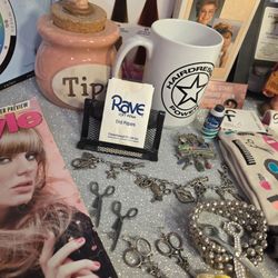 Retired from hair styling styling huge vintage lot!
new socks, jewelry, vintage stylist books, 2 coffee mugs, vintage perm rods with boxes, client d