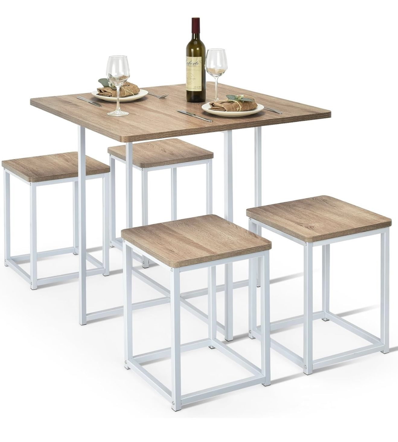 5 Piece Dining Table Set, Dining Set for 4 with Square Stools