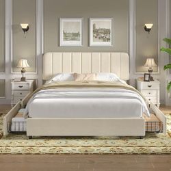 Upholstered Beige Metal Frame Queen Size Platform Bed Frame with 4 Storage Drawers and Headboard Wooden Slats Support
