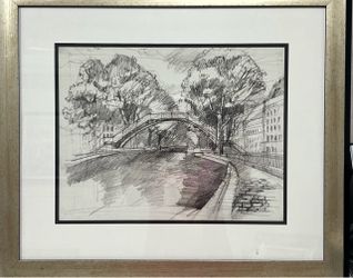Vintage 1930 framed charcoal landscape drawing