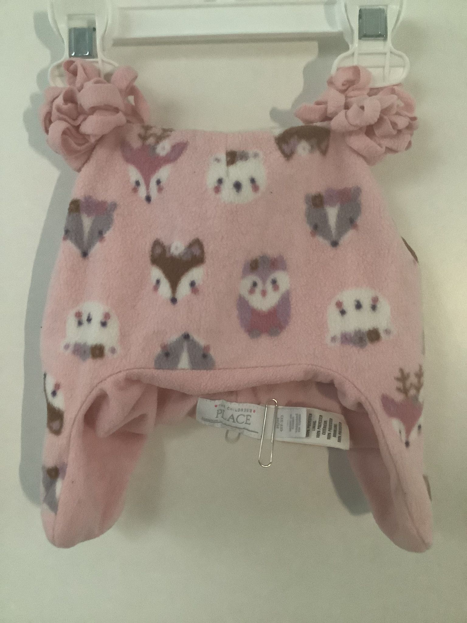 Children’s Place Winter Hat Size 2T Girls Pink w/ 2 Pom Poms Owls & Foxes