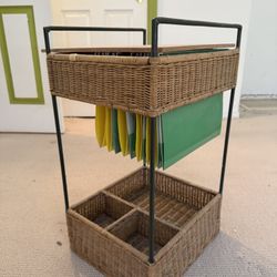 Wicker and Metal File Box Organizer Stand End Table
