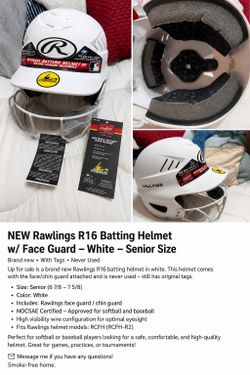 NEW Rawlings R16 Batting Helmet w/ Face Guard – White Senior Size