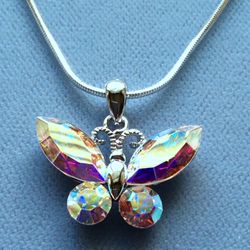 AB Crystal Butterfly Necklace On Snake Chain - Radiates Colors of the Rainbow *Ship Nationwide Or Pickup Boca Raton 