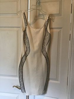 Cream Bodycon Mini Dress with Rhinestone Side Panels