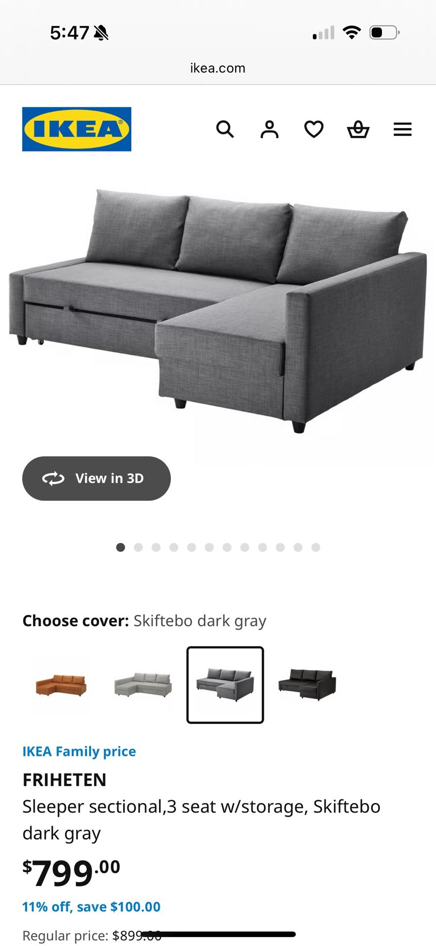 IKEA FRIHETEN Sleeper sectional 3 seat w/storage, grey couch