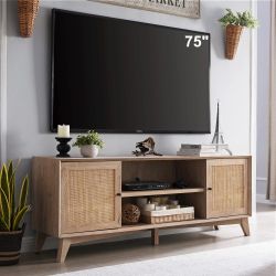 OKD TV Stand for 75+ Inch TV, Mid Century Modern Entertainment Center with Natural Rattan Door, Storage Shelves, Large Boho Media TV
