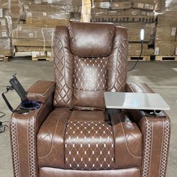 Genuine Leather Power Recliner with Multifunctional Features Storage Armrest Cup Holder Laptop Table Phone Holder Reading Light LED Infinite Position 