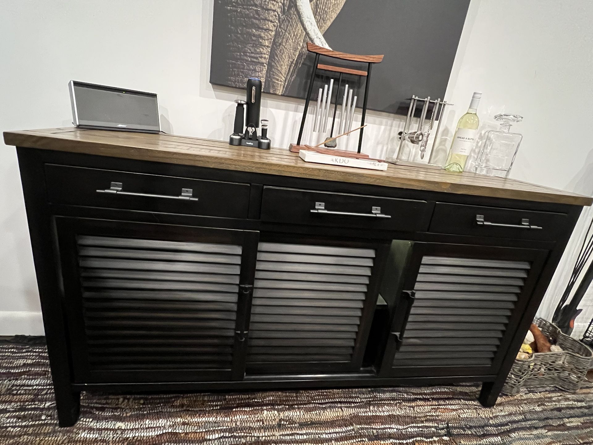Hardwood Cabinet With Sliding Doors & Drawers