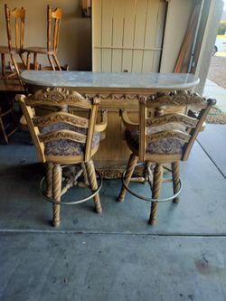 Bar.. Beautiful Hardwood Bar With Marble Top and 2 Chairs