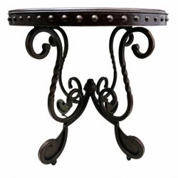 Round end table, wood top, metal scroll legs
