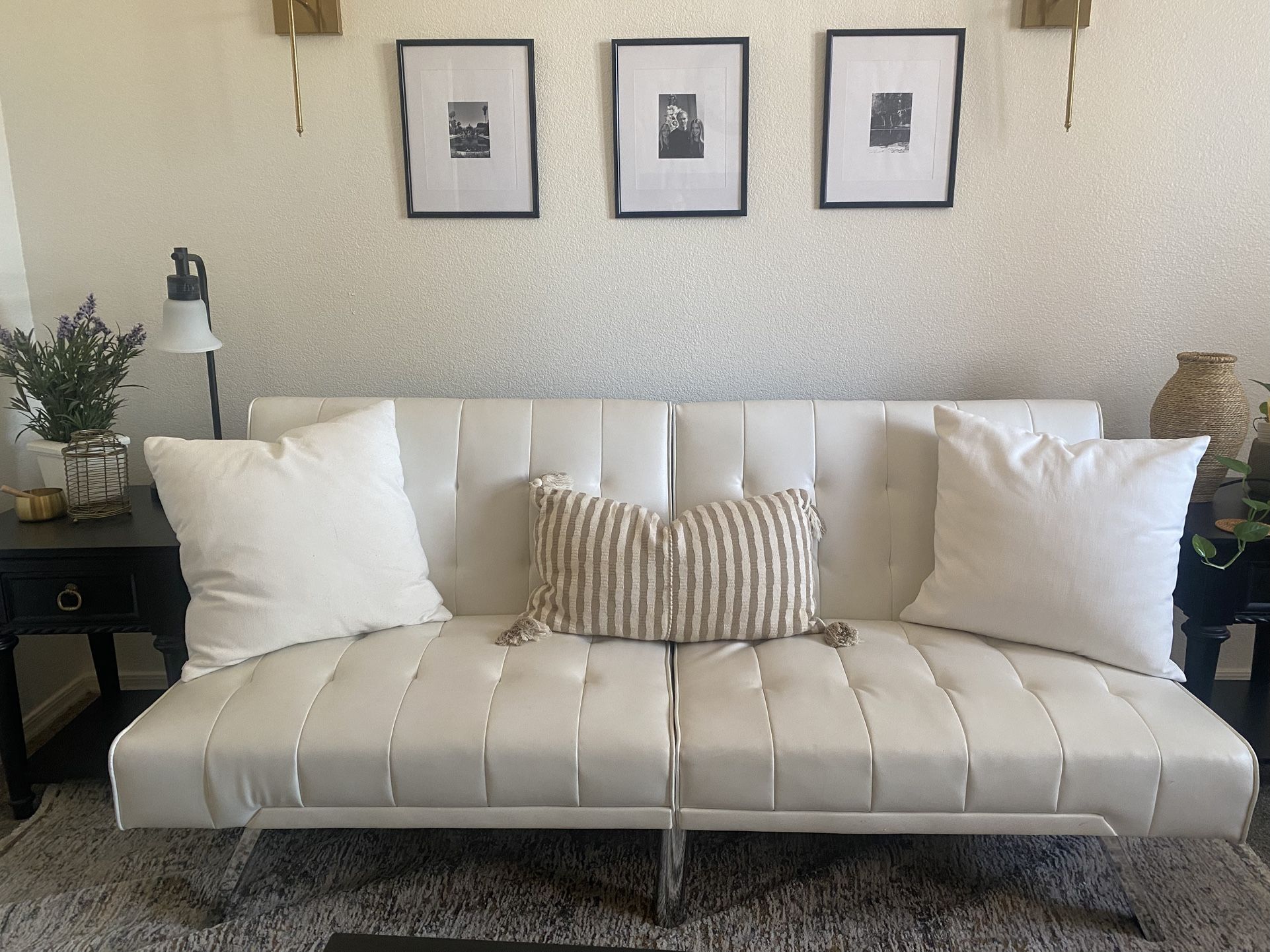Modern White Faux Leather Futon Sofa – Excellent Condition