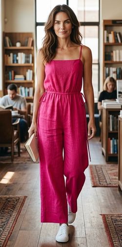 NEW Magaschoni Linen Jumpsuit Women’s Sz Small Fuchsia pink  Lined Pin tucked NWT