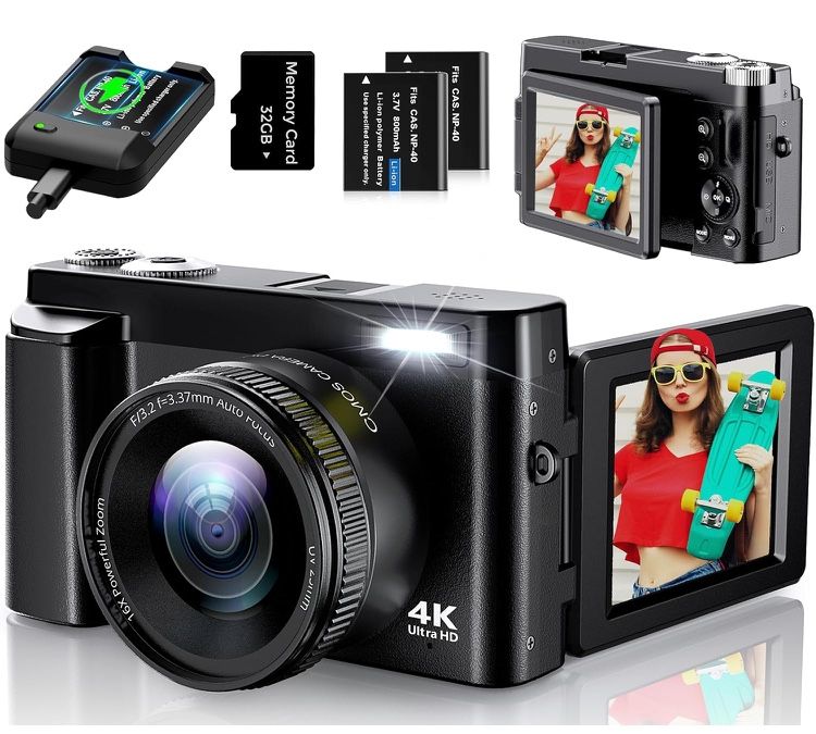 4K Digital Camera for Photography, UHD Autofocus 48MP 180° Flip Screen 16X Zoom Compact Point Shoot Vlogging Camera for YouTube with 2 Batteries, 32GB