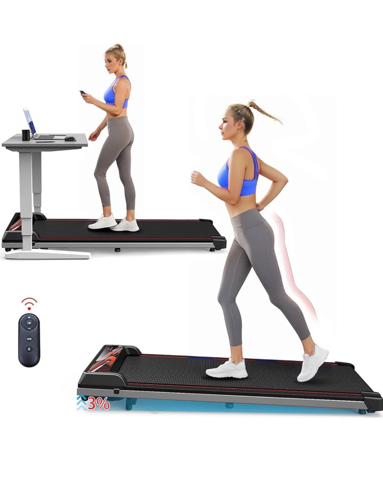 3 in 1 Treadmill, Portable Under Desk Walking Pad with Incline for Home/Office, Remote Control, LED Display