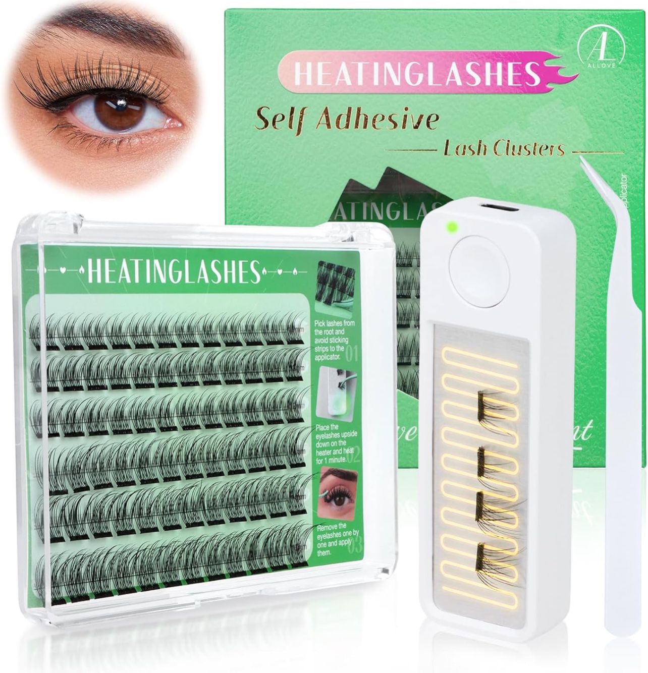 Heatinglashes Self Adhesive Eyelashes DIY Lash Clusters Kit Heated Pre-Glued Wispy Lash Clusters Press on Lash Kit with Heater and Applicator Natural