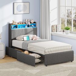 Twin Bed Frame with 2 Storage Drawers, Charging Station & LED Lights, Upholstered Platform Twin Bed with Storage Headboard, Strong Wooden Sl