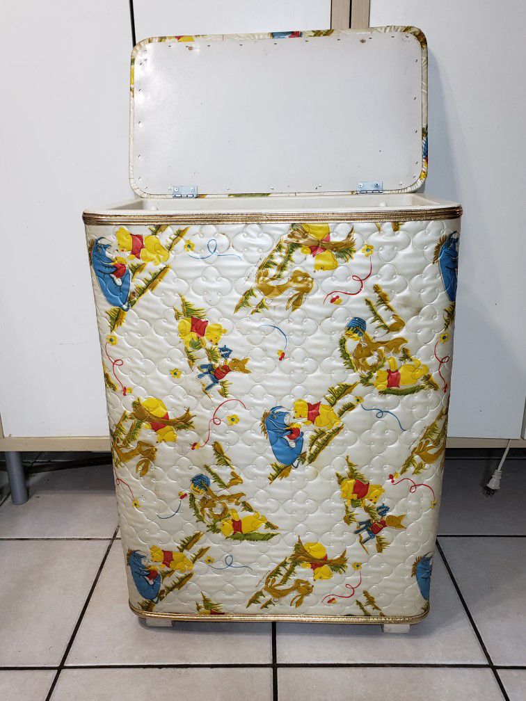 Vintage  1960's Classic Winnie the Pooh Wood Vinyl Clothes Hamper Bin Quilted Laundry Basket Retro Storage Container Bathroom Kid's Room Nursery
