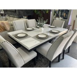 7 piece faux marble top dining table set 72"L x 42"W x 30"H