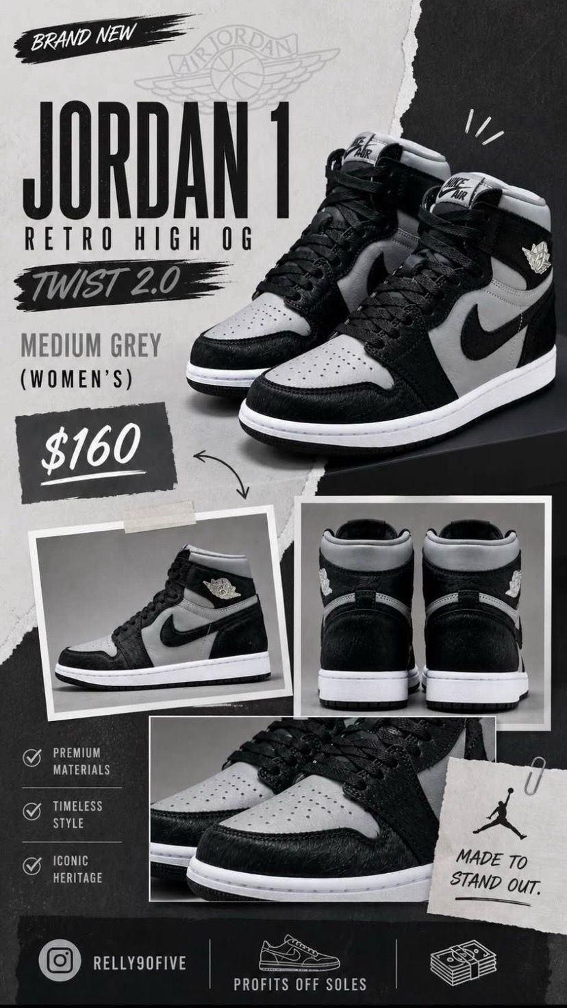 JORDAN 1 RETRO HIGH OG TWIST 2.0 MEDIUM GREY (WOMEN'S) size 10.5