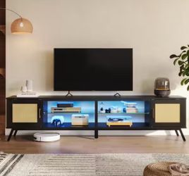 80 in. Black Modern TV Stand with Glass Shelves and 2 Rattan Doors for TVs Up to 85 in. Entertainment Center