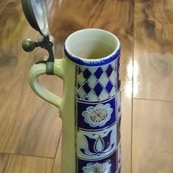 Rare Vintage German-Style Beer Stein with Pewter Lid – Blue & White Ceramic