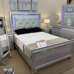 Silver Upholstered Bedroom Set Queen or King Bed Dresser Nightstand and mirror Chest Options, allura 