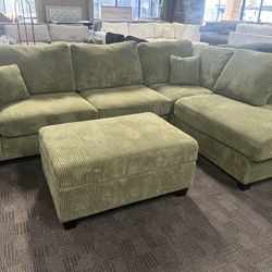 Sage Green Comfy Sectional W/ Storage Ottoman 