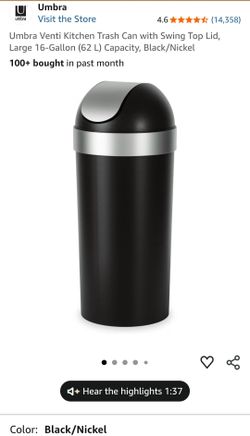 Umbra Venti Kitchen Trash Can with Swing Top Lid, Large 16-Gallon (62 L) Capacity, Black/Nickel