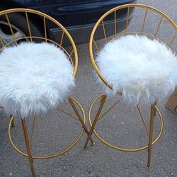 Brass White Fur Covered Bar Stools 